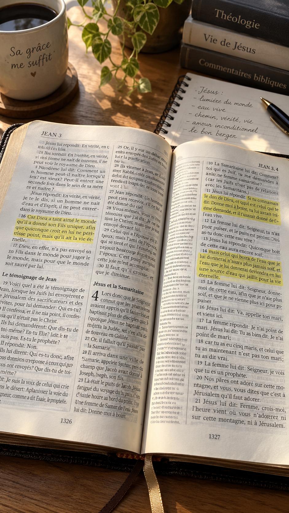 Bible ouverte avec passages surlignés