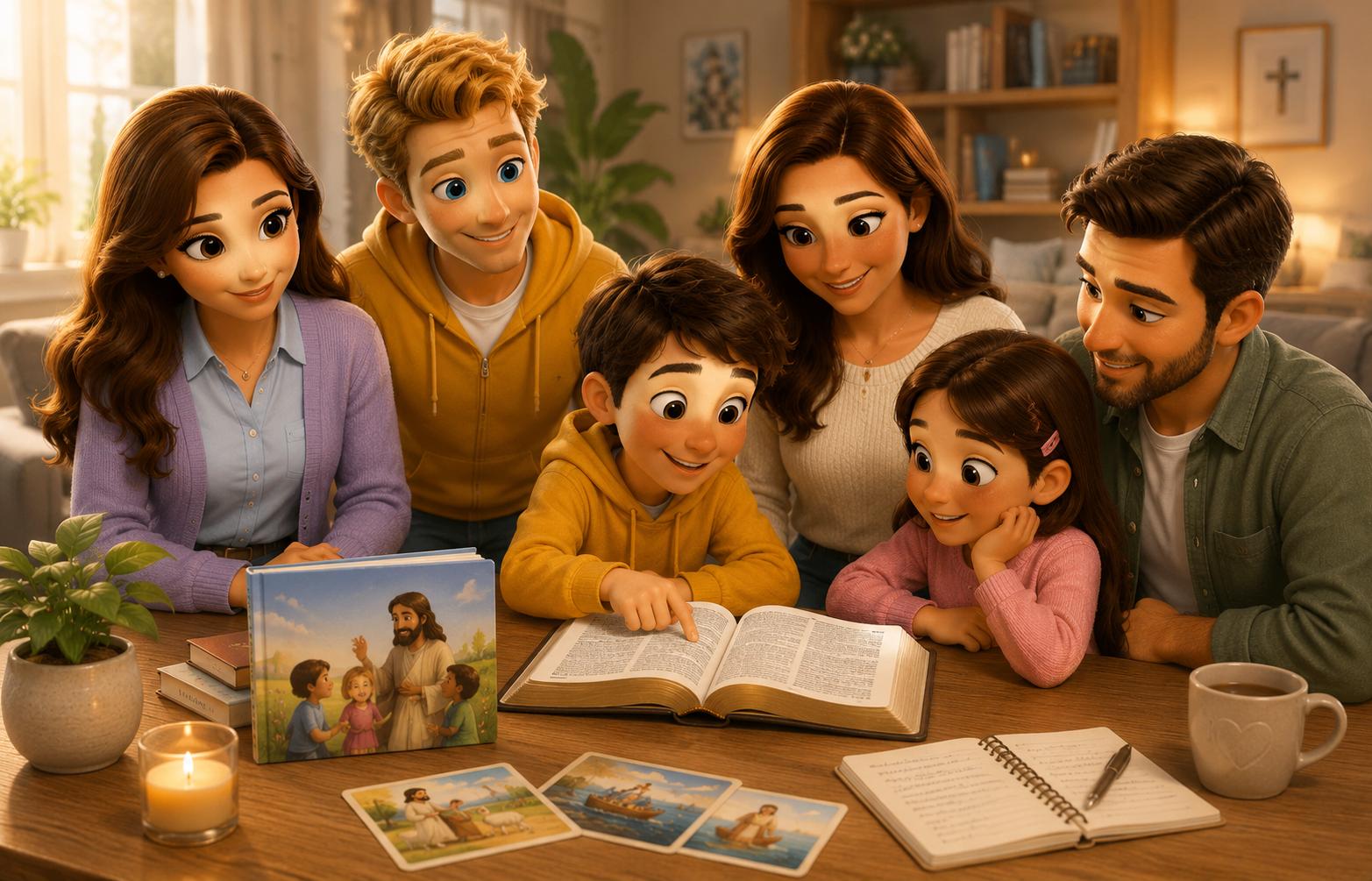 Famille lisant la Bible ensemble