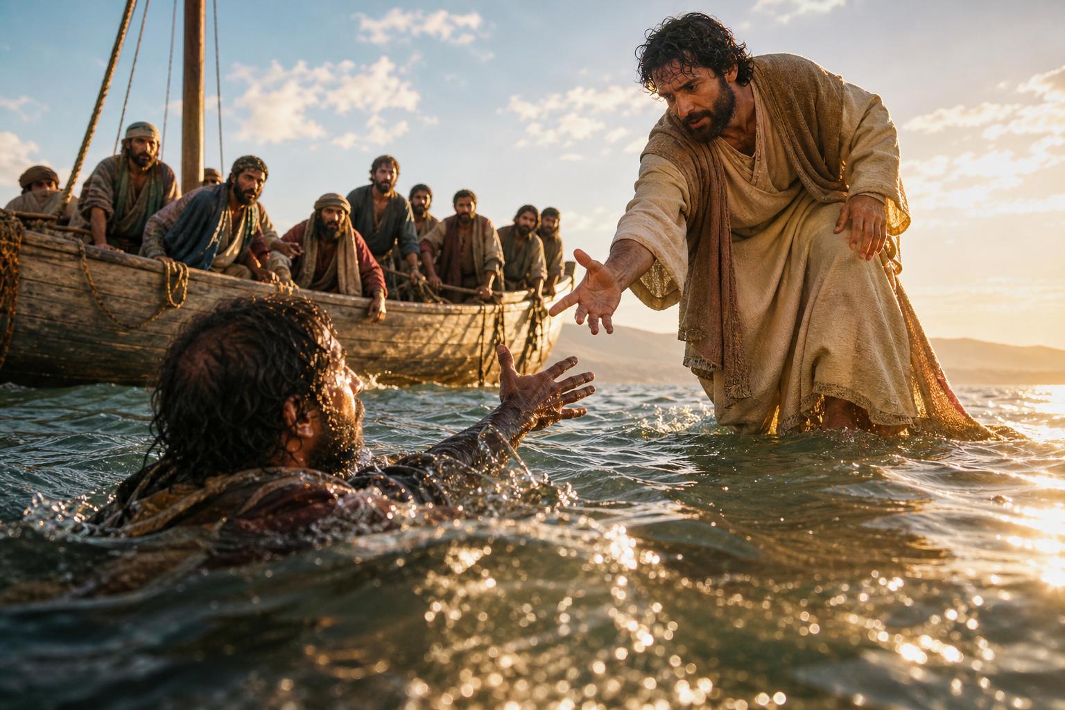 Jésus tend la main à Pierre sur l’eau — image produite par Bibleo