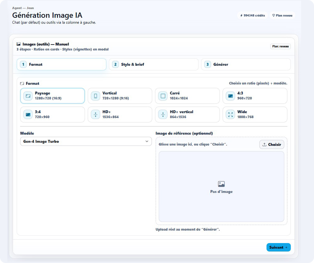 Étape 1 — Prompt, format/résolution, modèle IA, image de référence, bouton Suivant
