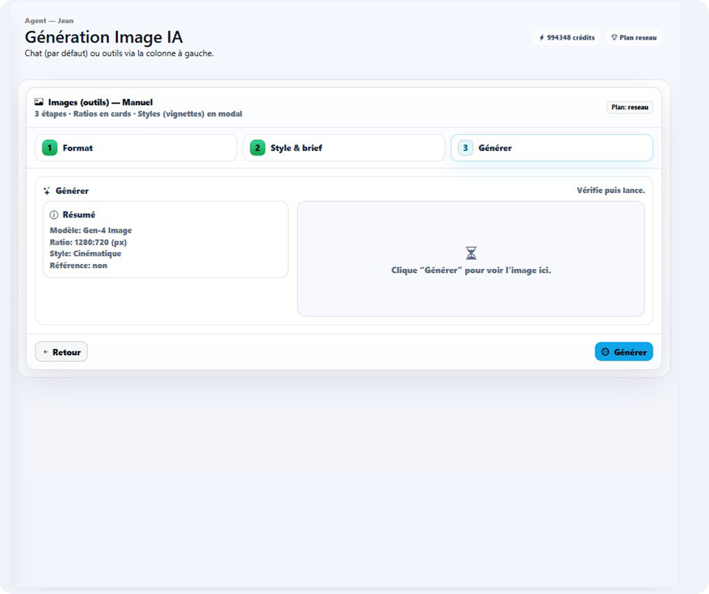 Étape 3 — Résumé : prompt, format, détail, style, modèle IA, bouton Générer