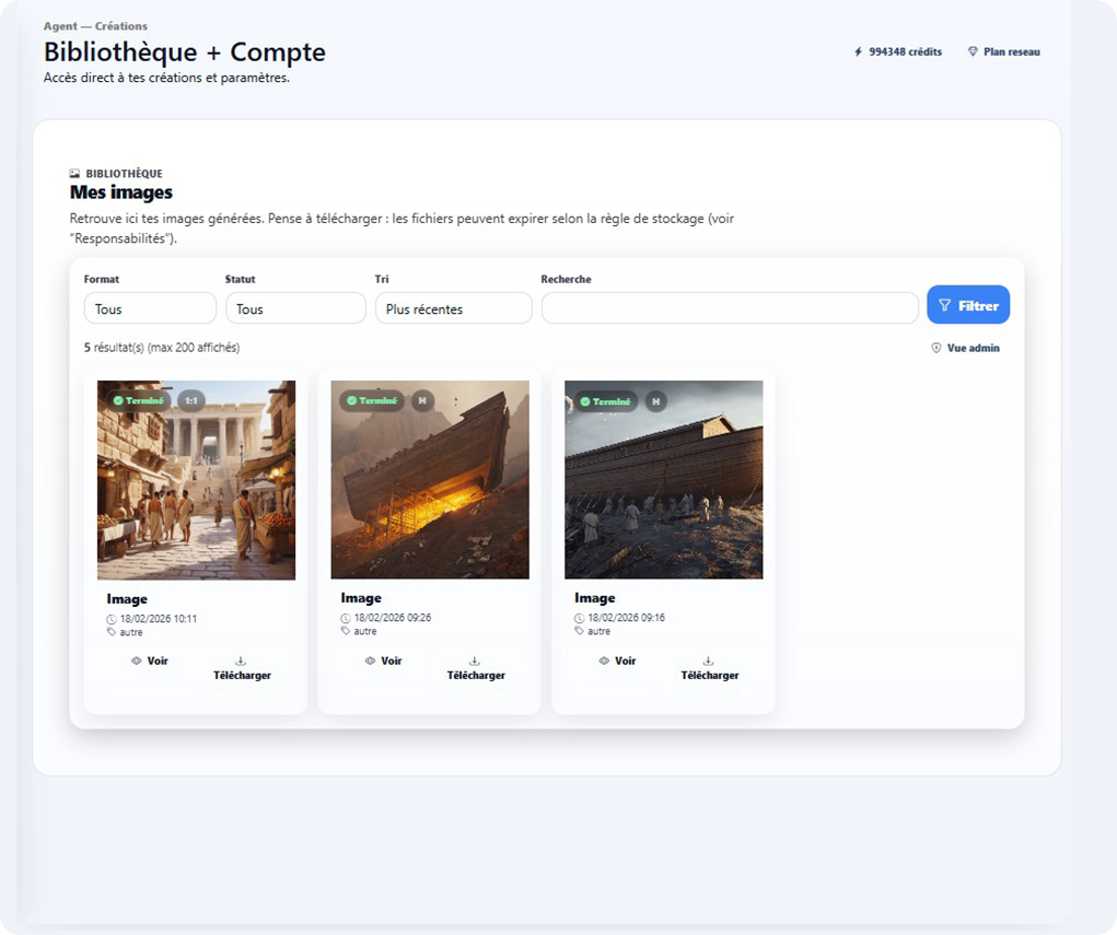 Étape 4 — Génération en cours : suivi en temps réel, puis création disponible dans le tableau de bord